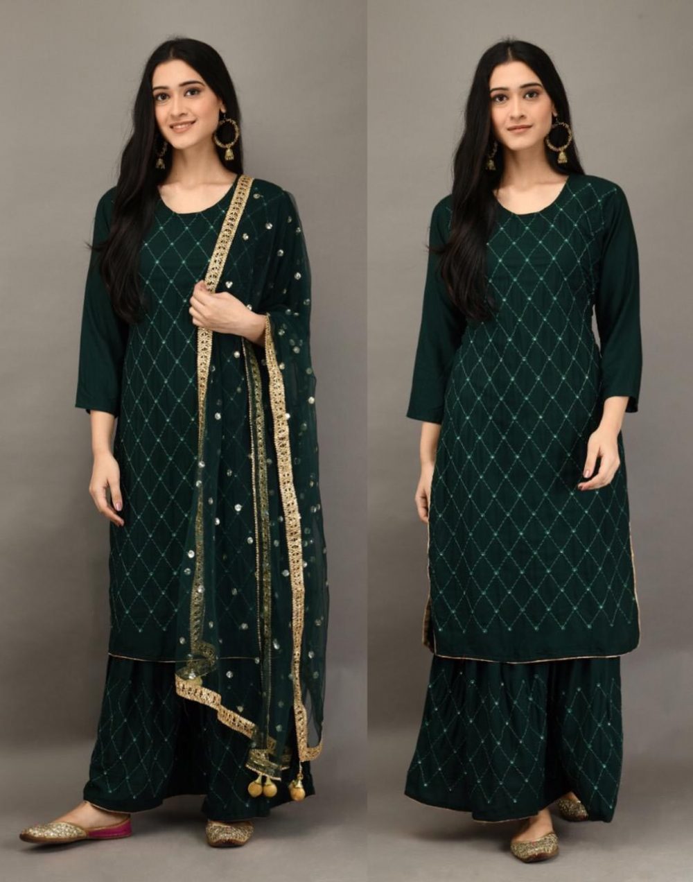 Stunning Green Color Heavy Rayon With Embroidery Mirror Work Plazzo Suit