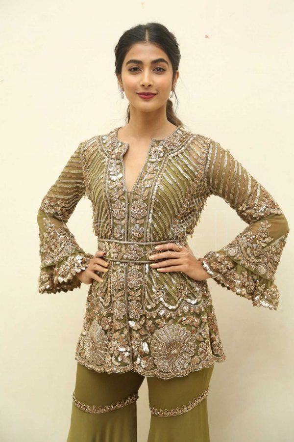 gorgeous-pooja-hegde-in-green-color-sequence-work-sharara-suit