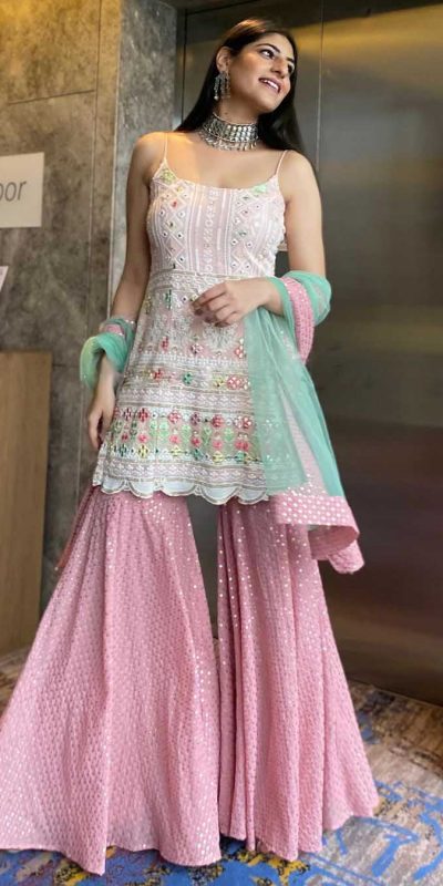yankita-kapoor-white-pink-color-mirror-embellished-party-wear-sharara-suit