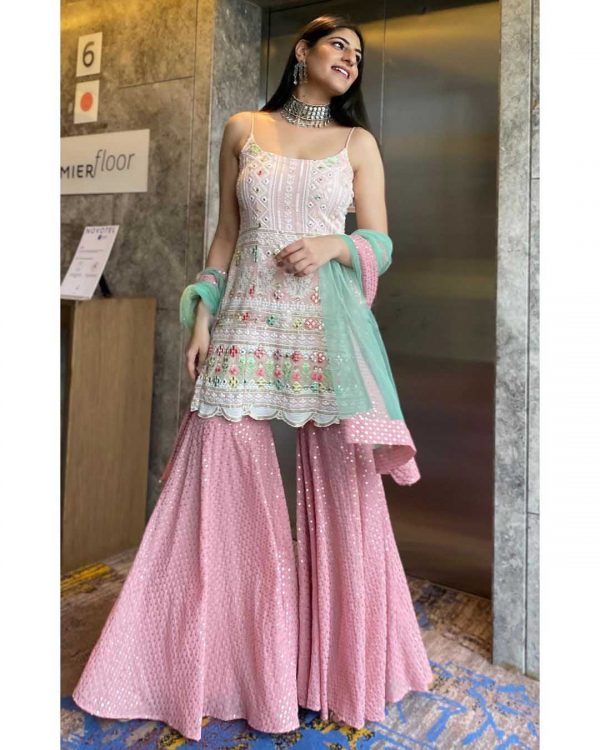 yankita-kapoor-white-pink-color-mirror-embellished-party-wear-sharara-suit