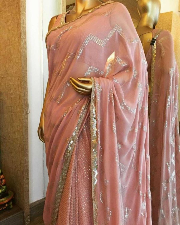 attractive-pink-color-georgette-sequence-work-party-wear-saree