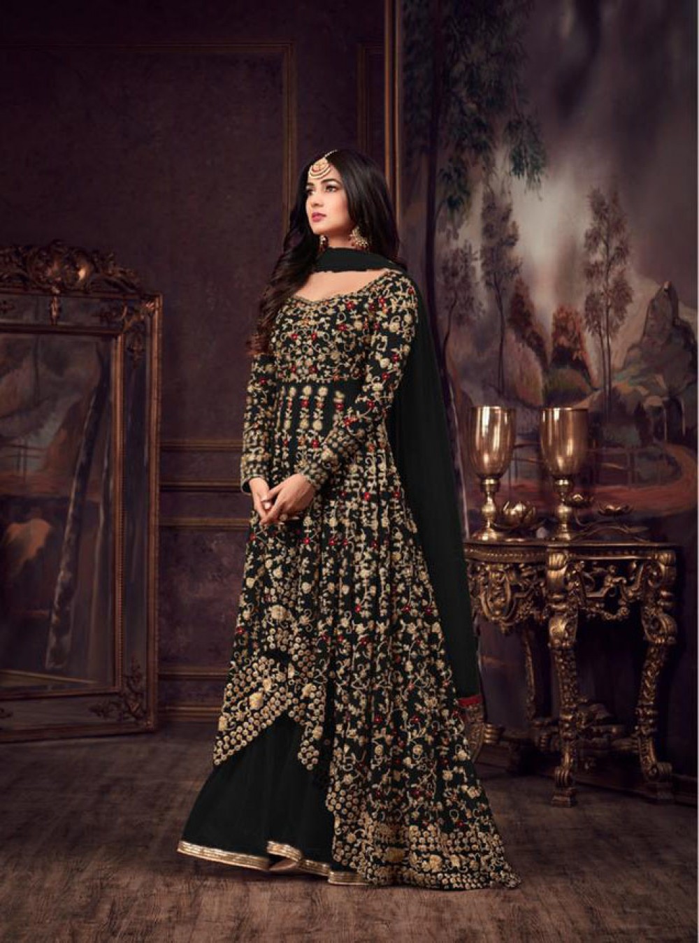 Stunning Green Heavy Georgette Embroidered Stone Work Sharara Suit