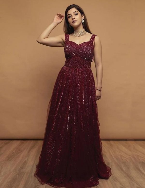 adorable-mehreen-in-red-color-fancy-sequence-work-designer-gown