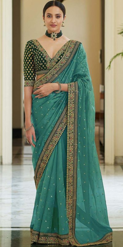 dazzling-sea-green-color-heavy-border-vichitra-silk-wedding-saree