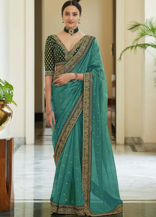 Net Organza Saree with blouse in Green color