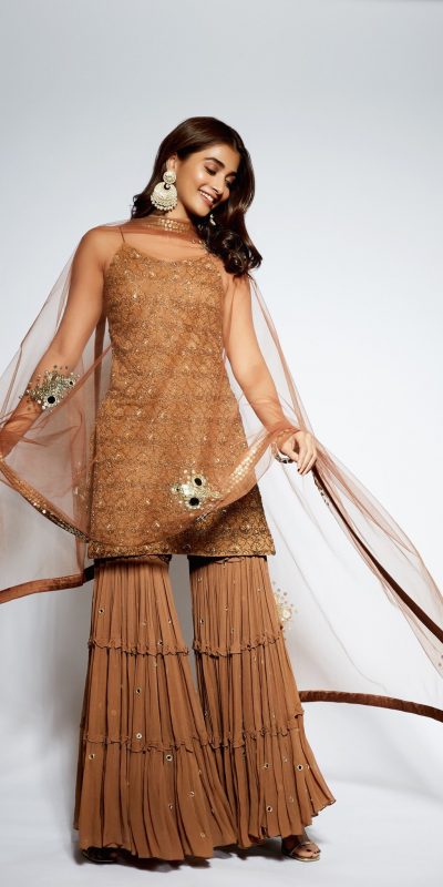 angelic-pooja-hegde-in-brown-color-heavy-party-wear-sharara-suit