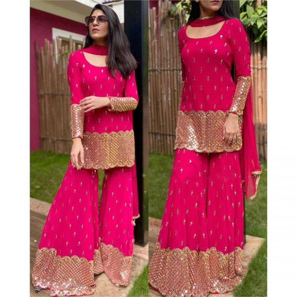 fascinating-royal-pink-color-party-wear-sequence-sharara-suit