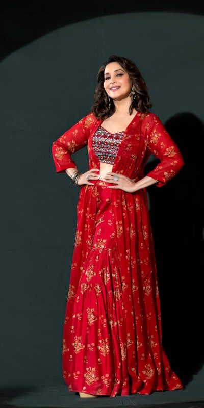 mesmerizing-madhuri-dixit-in-red-fancy-printed-party-wear-sharara-suit
