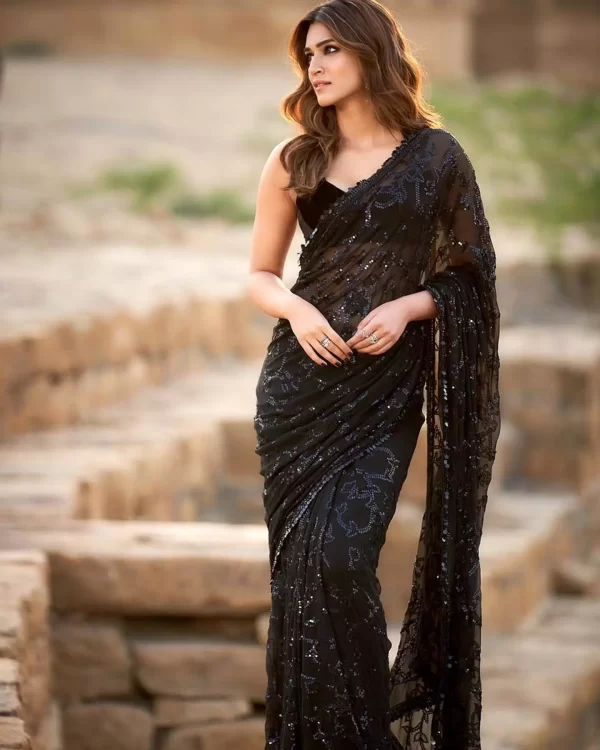 Fascinating Kriti Sanon In Premium Sequins Embellished Black Saree