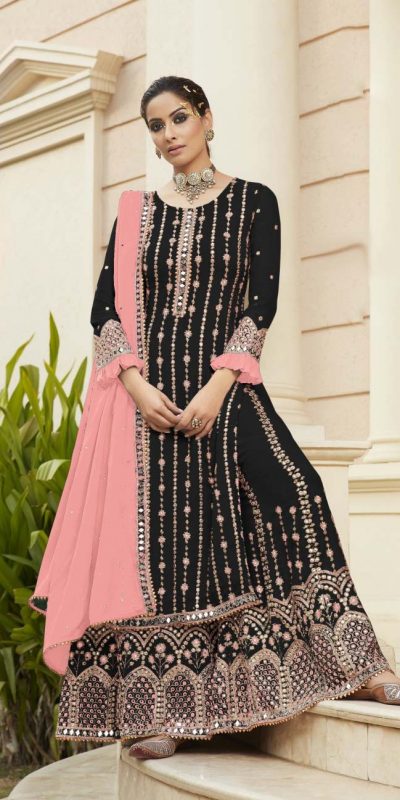 black-pink-georgette-embroidered-sharara-suit-with-real-mirror-work