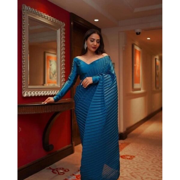 dazzling-parineeti-chopra-in-blue-color-party-wear-pleated-saree