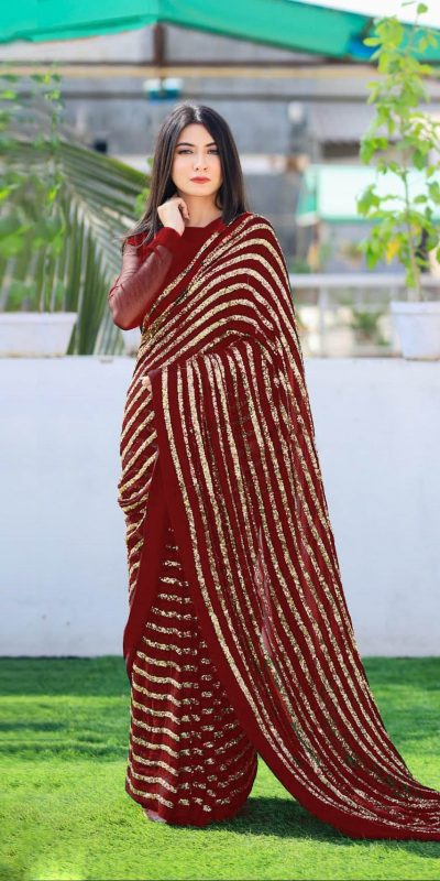 party-wear-red-color-sequins-strips-work-saree-with-georgette