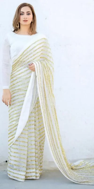 party-wear-white-color-sequins-strips-work-saree-with