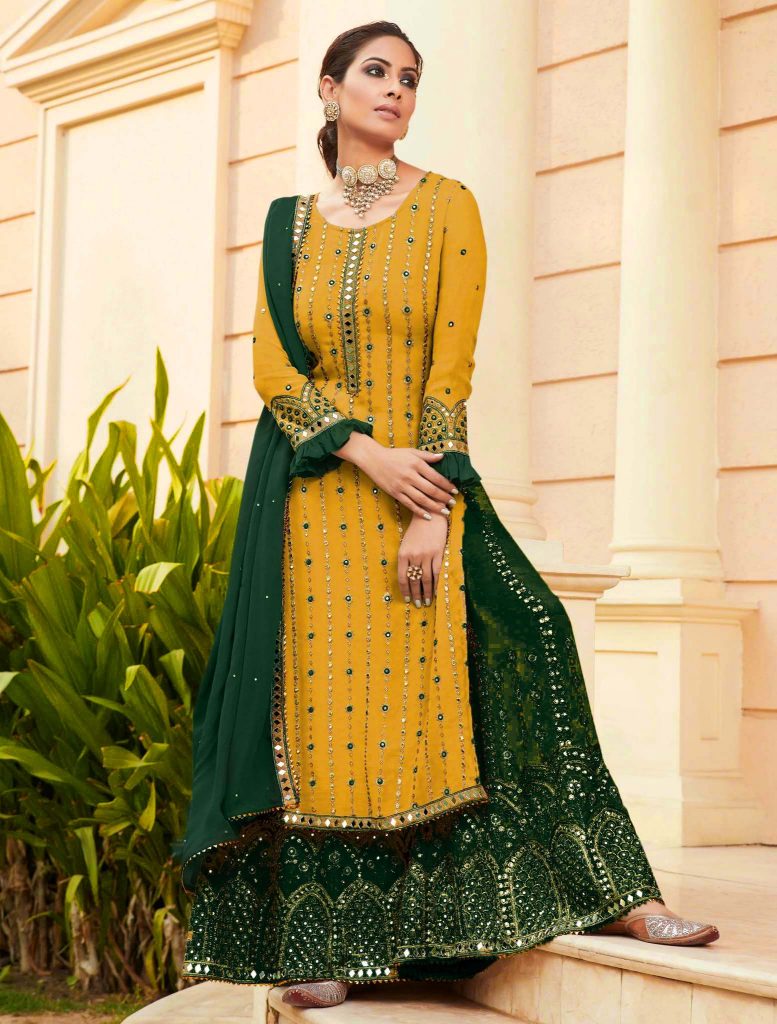 Yellow Green Georgette Embroidered Sharara Suit With Real Mirror Work