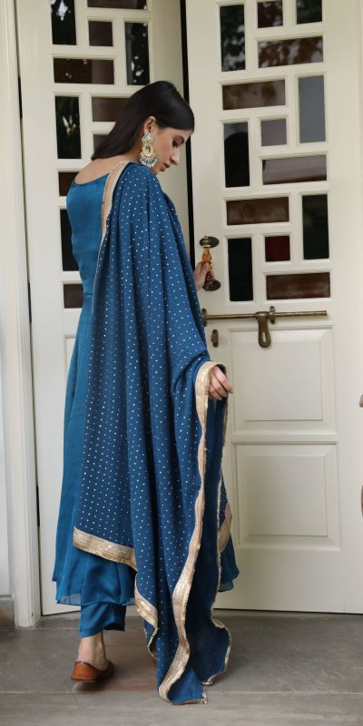 Amazing Navy Blue Color Georgette Casual Wear Gown