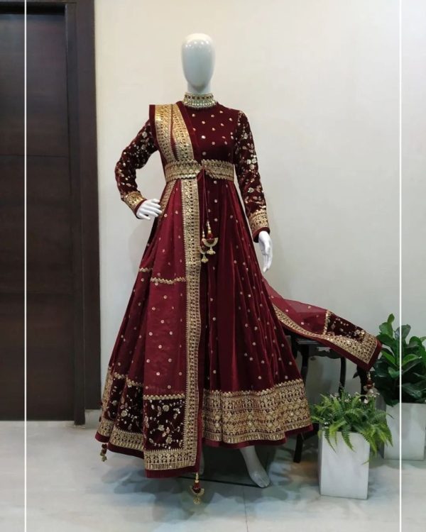 awesome-maroon-color-velvet-with-sequence-work-gown