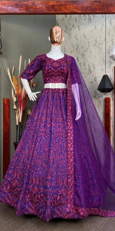 Buy Festive Lehenga - Purple Floral Embroidered Traditional Lehenga Choli  At Hatkay