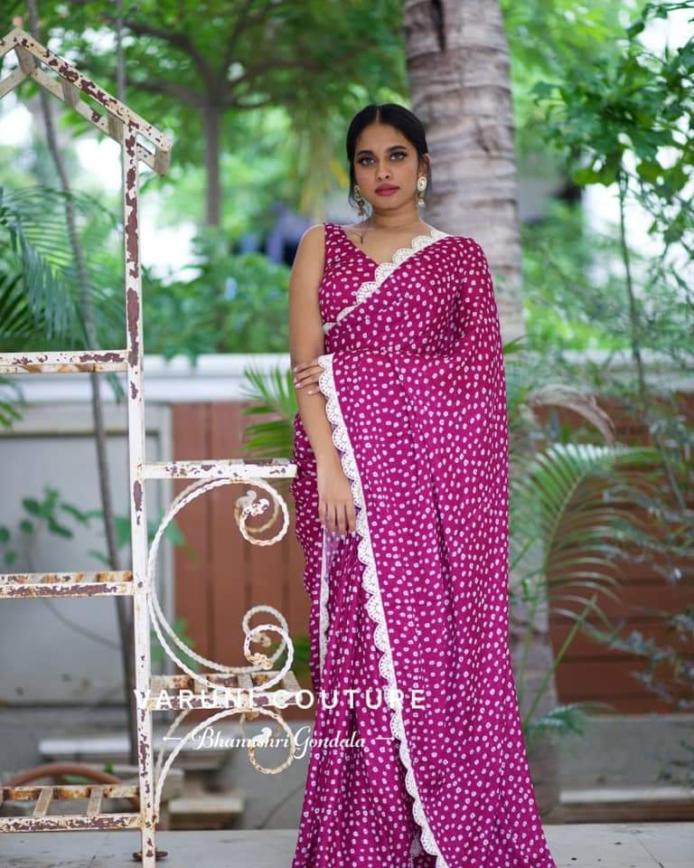 Beautiful Pink Color Printed Georgette With Coding Work Saree