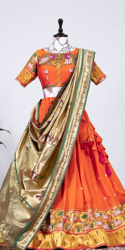 traditional-wear-orange-color-jacquard-silk-lehenga-choli