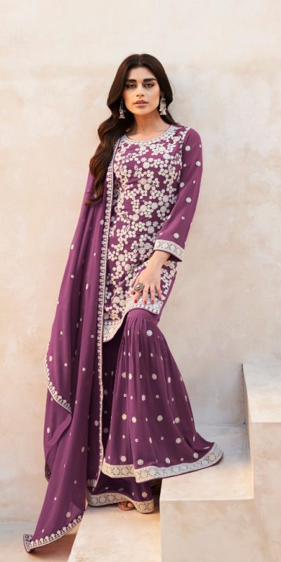 Artful Wine Color Heavy Georgette Embroidered Work Sharara Suit