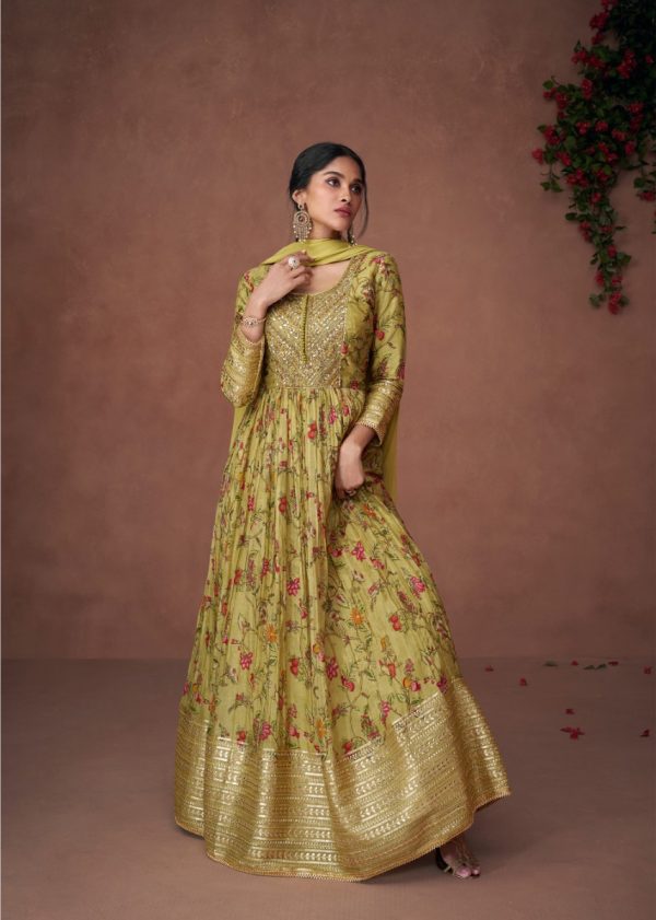 Attractive Green Color Organza Print Silk with Embroidery And Sequins Work Anarkali Suit