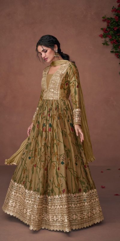 Attractive Mehandi Color Organza Silk With Embroidery And Sequins Work Anarkali Suit