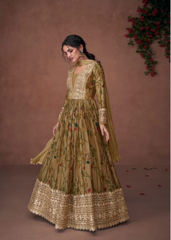 Attractive Mehandi Color Organza Silk With Embroidery And Sequins Work Anarkali Suit