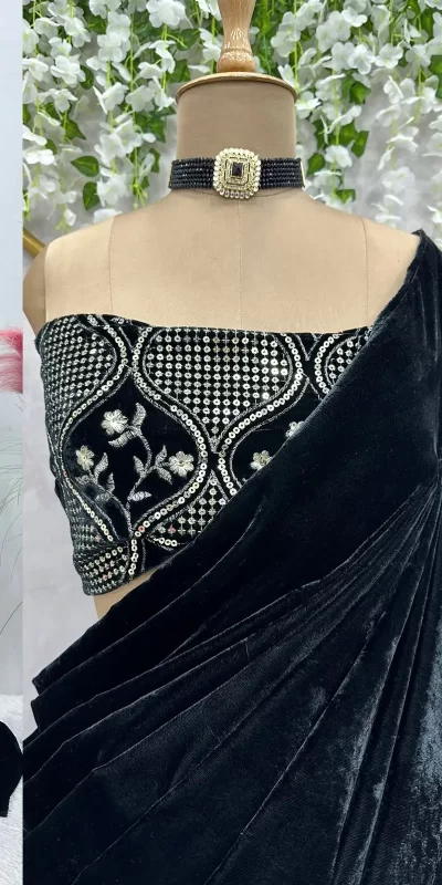 Dreamy Black Color Heavy Velvet with Lace work. Sequence Designer Saree