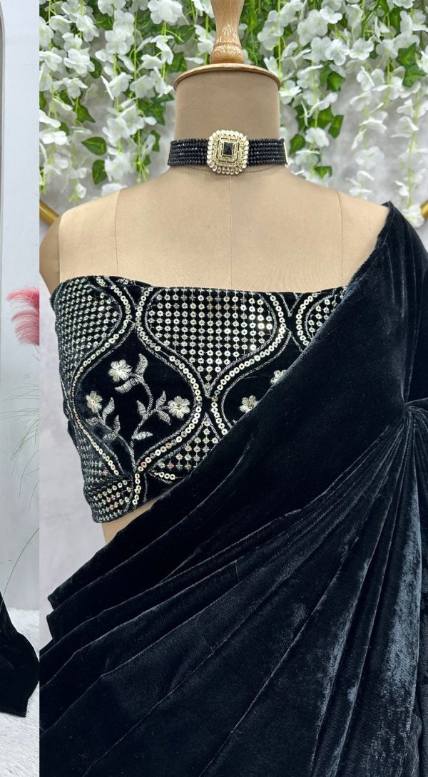 Dreamy Black Color Heavy Velvet with Lace work. Sequence Designer Saree
