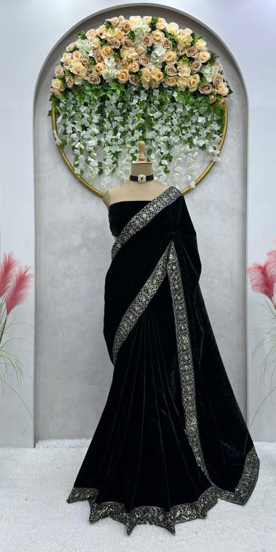 Dreamy Black Color Heavy Velvet with Lace work. Sequence Designer Saree