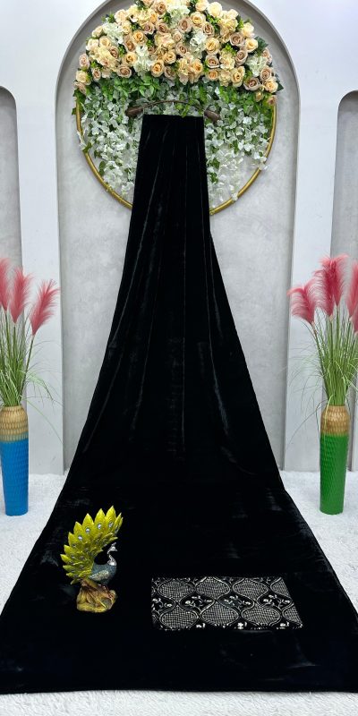 Dreamy Black Color Heavy Velvet with Lace work. Sequence Designer Saree