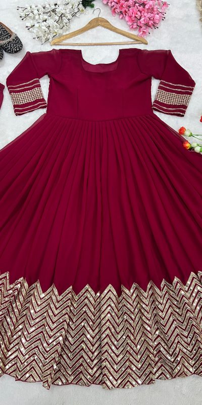Graceful Maroon Color Georgette With Heavy Embroidery Sequence Work Party Wear Gown