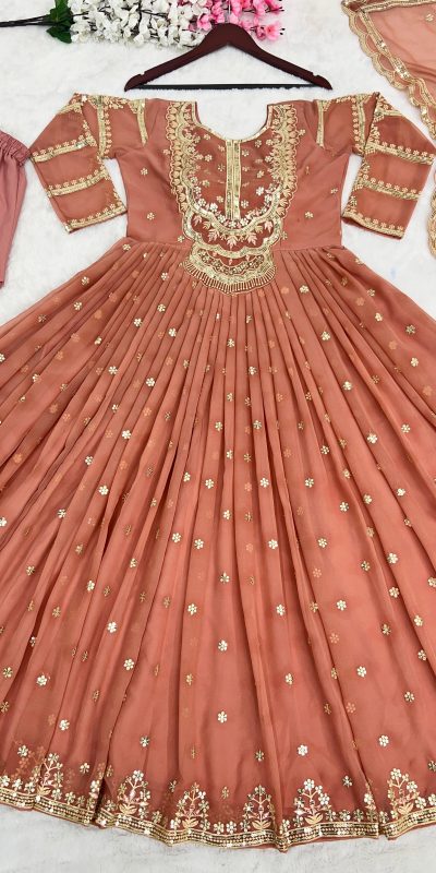 Graceful Peach Color Georgette With Heavy Embroidery Sequence Work Party Wear Gown