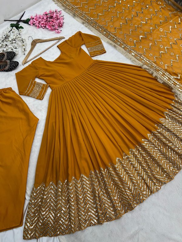 Graceful Yellow Color Georgette With Heavy Embroidery Sequence Work Party Wear Gown