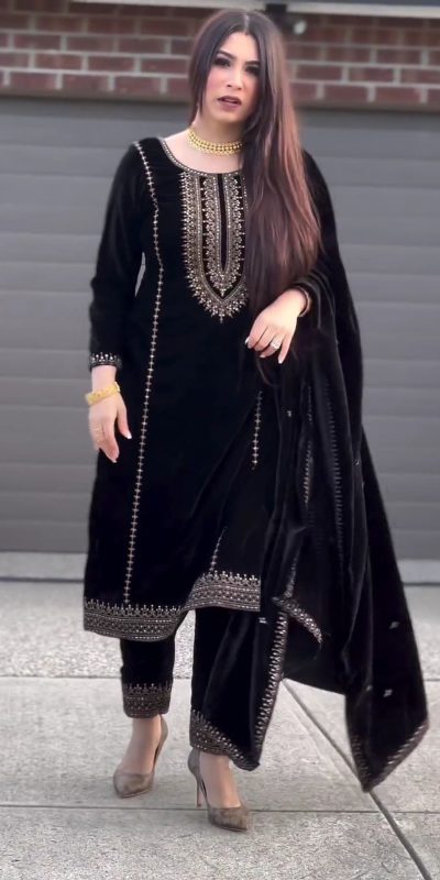 Majestic Black Color Heavy Viscose Velvet With Embroidery Sequence Work Salwar Suit