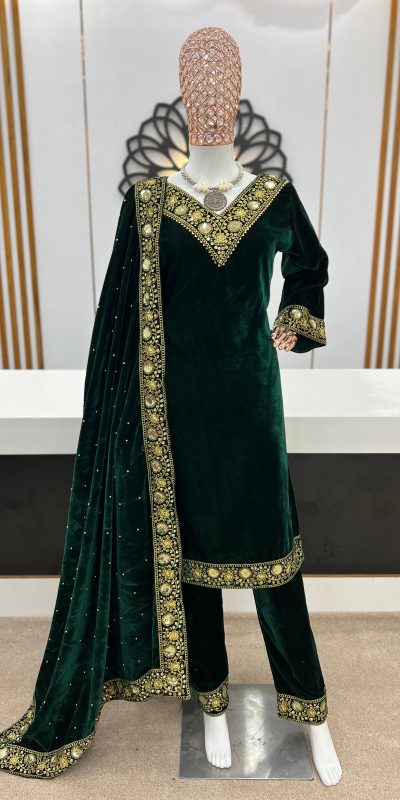 Aurora Green Color Heavy Viscose Velvet With Embroidery Sequence Work Gown