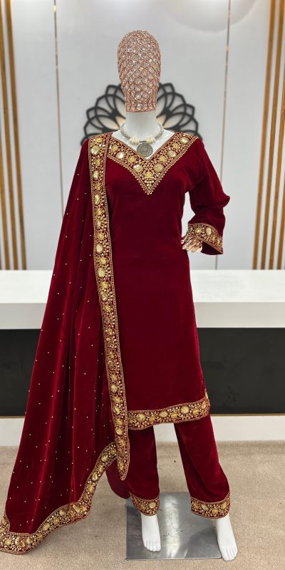 Aurora Maroon Color Heavy Viscose Velvet With Embroidery Sequence Work Gown