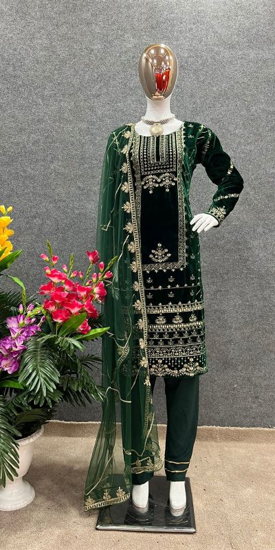 Charming Green Color Viscos velvet with Heavy Embroidery Work Party Wear Gown