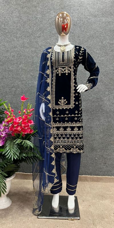 Charming Navy Blue Color Viscos velvet with Heavy Embroidery Work Party Wear Gown