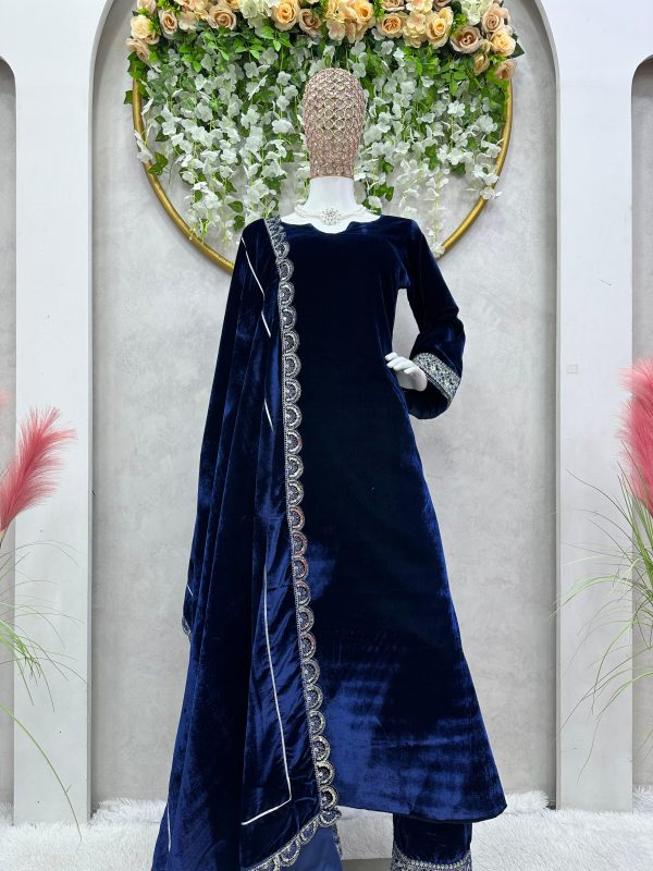 Divine Navy Blue Color Viscos velvet Sequence with Cording Dori Work Party Wear Gown