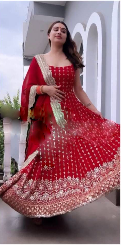 Dreamlike Red Color Georgette With Heavy Embroidery Sequence Work with Attached Pad Gown