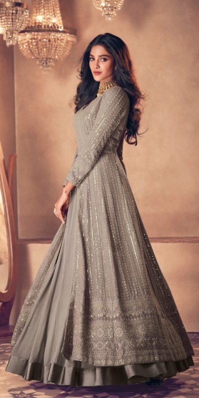 Glamorous Grey Color Heavy Georgette with Santoon And Embroidery Designer Work Suit