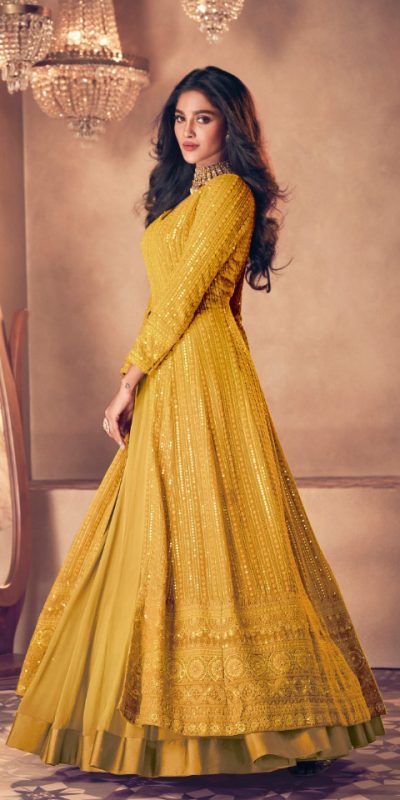 Glamorous Yellow Color Heavy Georgette with Santoon And Embroidery Designer Work Suit