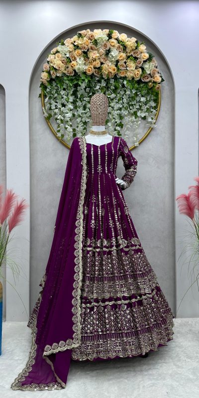 Glorious Wine Color Heavy Georgette Embroidery With Sequence Work Lehenga