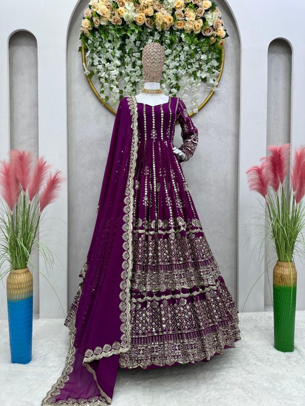 Glorious Wine Color Heavy Georgette Embroidery With Sequence Work Lehenga