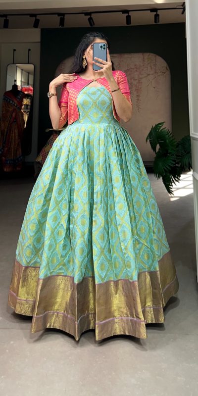 Lovely Green Color Micro Cotton Silk Jacquard Zari work designer gown