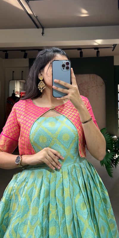 Lovely Green Color Micro Cotton Silk Jacquard Zari work designer gown