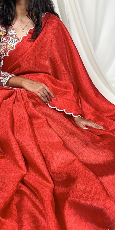 Lovely Red Color Gadhawal Chex Arca Work Partywear Designer Style Saree