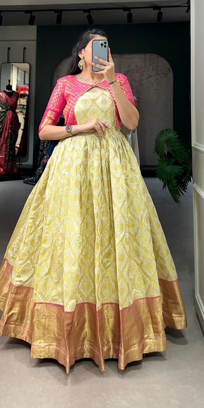 Lovely Yellow Color Micro Cotton Silk Jacquard Zari work designer gown