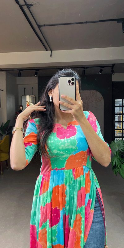 Pretty Green Color High Quality Rayon Cotton With Foil and Printed Drawstring With Tassels Kurti